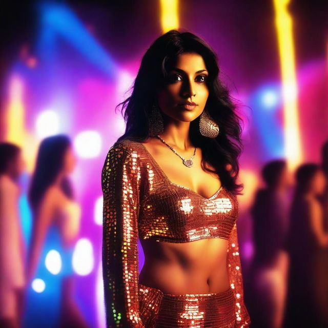 A photo of an Indian woman in a blouse, with her navel visible, standing in a club with a disco background