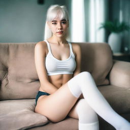 An 18-year-old woman with white hair tied in a ponytail is sitting on a sofa