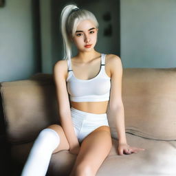 An 18-year-old woman with white hair tied in a ponytail is sitting on a sofa