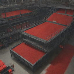 A detailed and mechanically-sound depiction of a coke sorting process in an industrial environment.