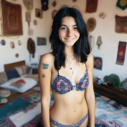 A close-up, high-angle selfie of an 18-year-old hippie with black hair and piercings, wearing a micro bikini in a bedroom