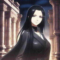 A realistic anime depiction of a beautiful woman with straight long black hair with a hue of brown and sparkling hazel eyes