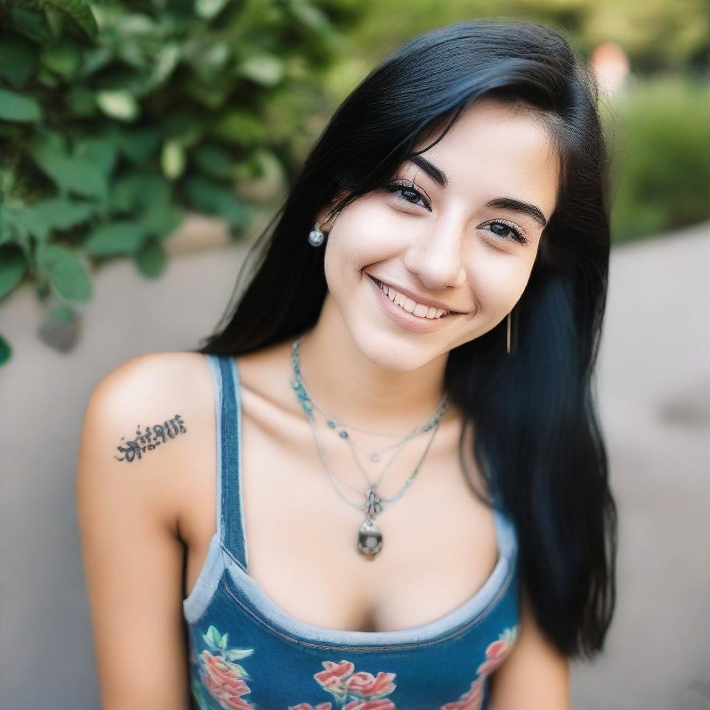 A close-up, high-angle selfie of an 18-year-old hippie with black hair and piercings, wearing a low crop top that shows cleavage