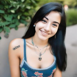 A close-up, high-angle selfie of an 18-year-old hippie with black hair and piercings, wearing a low crop top that shows cleavage