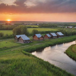 A serene Russian rural landscape at sunset, featuring traditional wooden houses, lush green fields, a peaceful river flowing, and a beautiful orange sky.