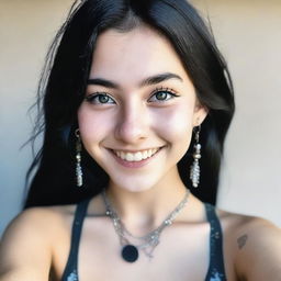 A close-up, high-angle selfie of an 18-year-old hippie with black hair and piercings, wearing a low crop top that shows cleavage