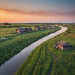 A serene Russian rural landscape at sunset, featuring traditional wooden houses, lush green fields, a peaceful river flowing, and a beautiful orange sky.