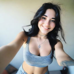 A close-up, high-angle selfie of an 18-year-old hippie with black hair and piercings, wearing a very low crop top that prominently shows cleavage from her huge breasts