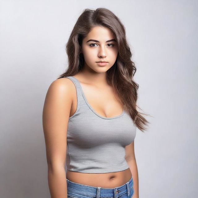 An 18-year-old girl with huge breasts wearing a low-cut tank top