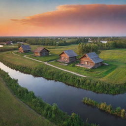 A serene Russian rural landscape at sunset, featuring traditional wooden houses, lush green fields, a peaceful river flowing, and a beautiful orange sky.