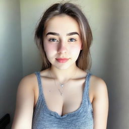 A high-angle selfie of an 18-year-old girl with huge breasts wearing a low-cut tank top