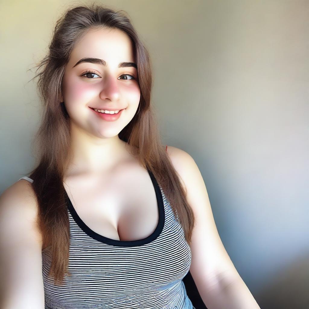 A high-angle selfie of an 18-year-old girl with huge breasts, wearing a low tank top