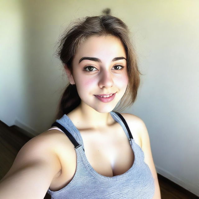 A high-angle selfie of an 18-year-old girl with huge breasts, wearing a low tank top