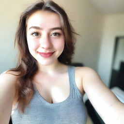 A high-angle selfie of an 18-year-old girl with huge breasts, wearing a low tank top