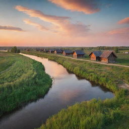 A serene Russian rural landscape at sunset, featuring traditional wooden houses, lush green fields, a peaceful river flowing, and a beautiful orange sky.