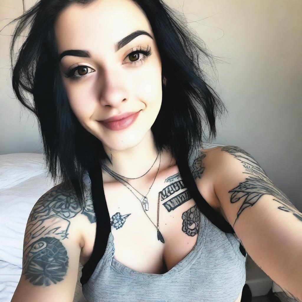 A high-angle selfie of an 18-year-old girl with black hair and tattoos, wearing a low tank top that accentuates her large breasts