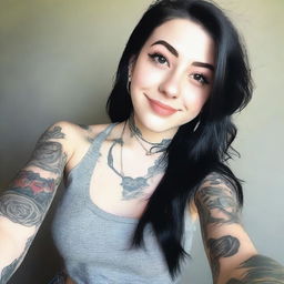 A high-angle selfie of an 18-year-old girl with black hair and tattoos, wearing a low tank top that accentuates her large breasts