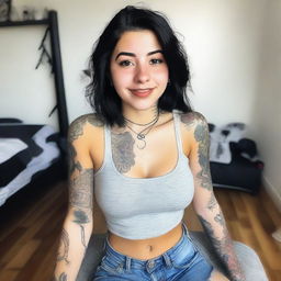 A high-angle selfie of an 18-year-old girl with black hair and tattoos, wearing a low tank top that accentuates her large breasts