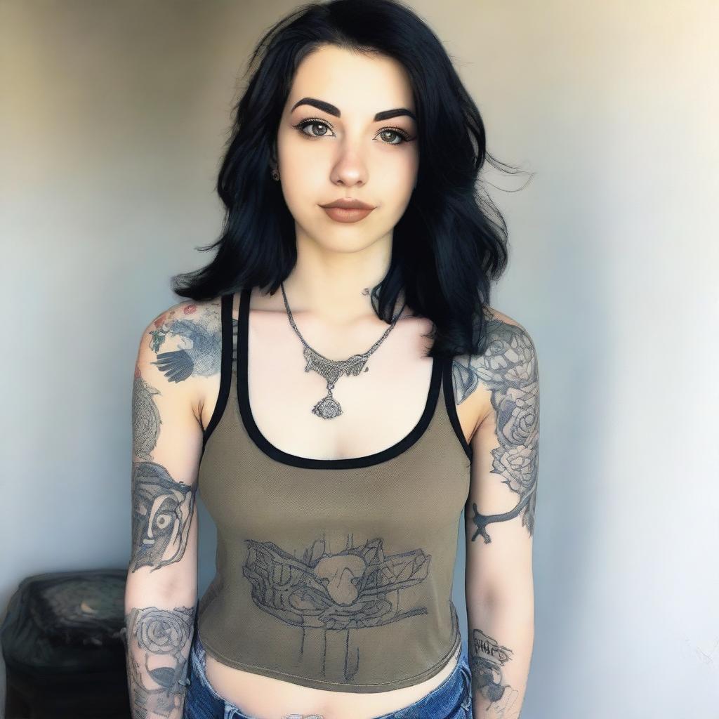 A high-angle selfie of an 18-year-old girl with black hair and tattoos, wearing a low tank top that shows her cleavage