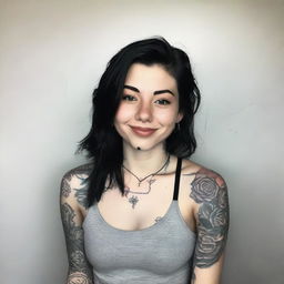 A high-angle selfie of an 18-year-old girl with black hair and tattoos, wearing a low tank top that shows her cleavage