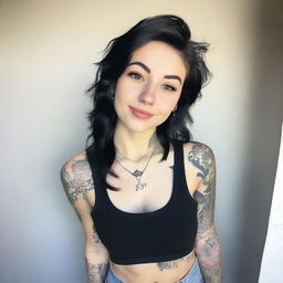 A high-angle selfie of an 18-year-old girl with black hair and tattoos, wearing a low tank top that shows her cleavage