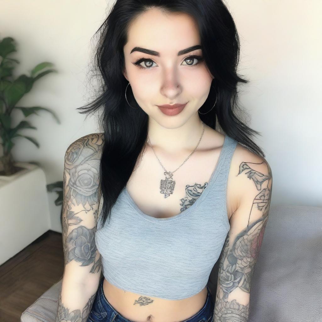 A high-angle selfie of an 18-year-old girl with black hair and tattoos, wearing a low tank top that shows her cleavage