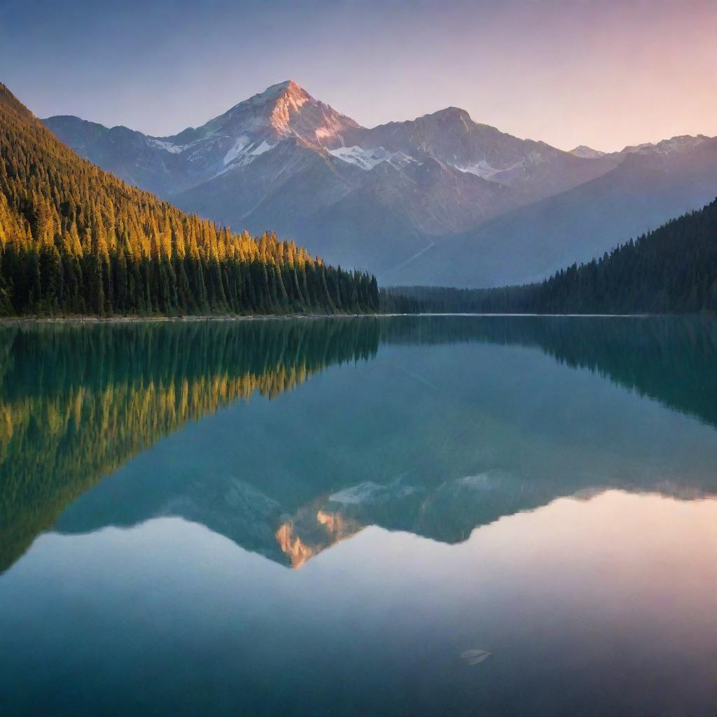 Magical sunrise over a serene lake, with a majestic mountain range in the backdrop