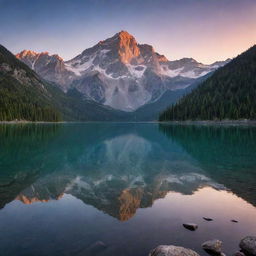 Magical sunrise over a serene lake, with a majestic mountain range in the backdrop