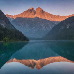 Magical sunrise over a serene lake, with a majestic mountain range in the backdrop