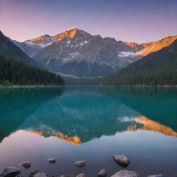 Magical sunrise over a serene lake, with a majestic mountain range in the backdrop