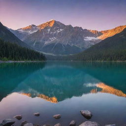 Magical sunrise over a serene lake, with a majestic mountain range in the backdrop