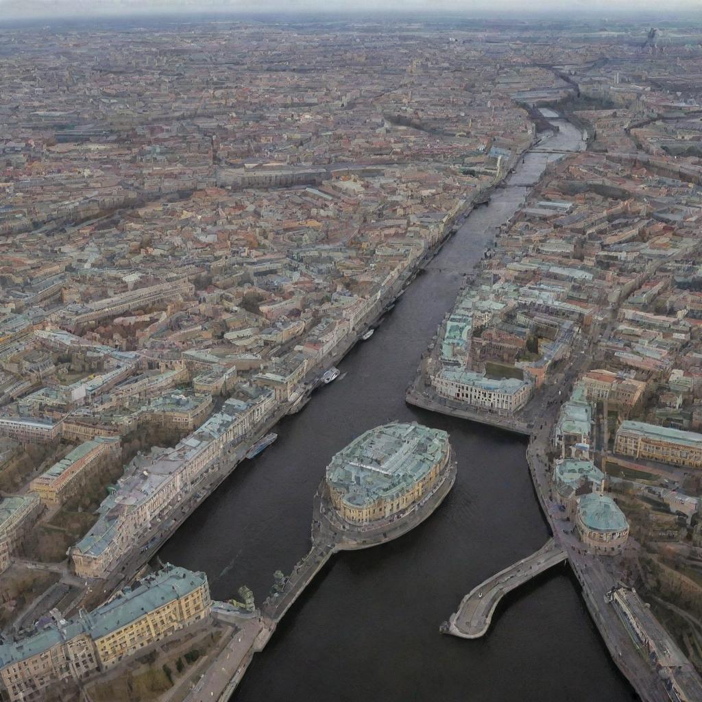 Aerial view of Saint Petersburg, showing its historic architecture and intricate canal system.