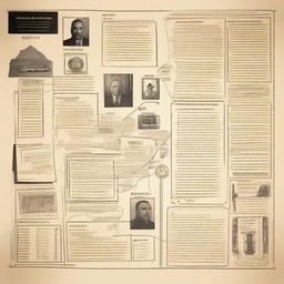 A detailed sketched image of a crime board, featuring various clues, photos, and documents related to a fire case