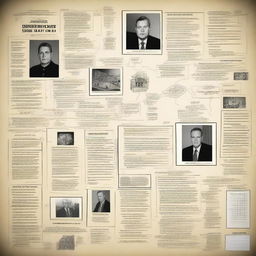 A detailed sketched image of a crime board, featuring various clues, photos, and documents related to a fire case