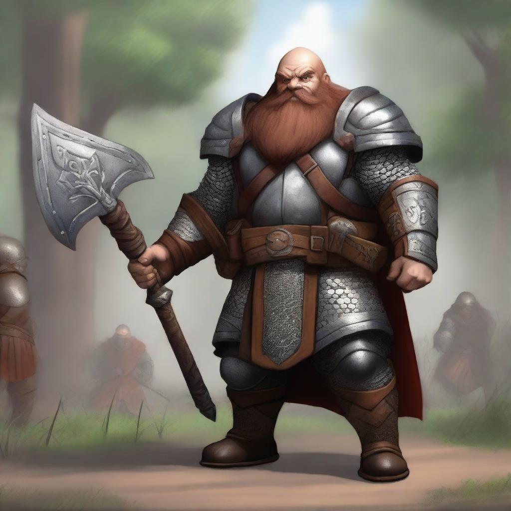 A realistic style image of a dwarf cleric under the war domain with an acolyte background