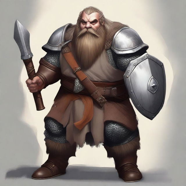 A realistic style image of a dwarf cleric under the war domain with an acolyte background