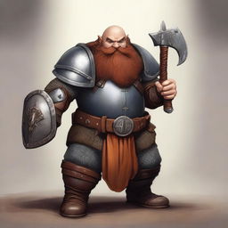 A realistic style image of a dwarf cleric under the war domain with an acolyte background