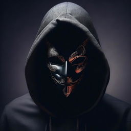 Create a unique and realistic image of a figure in a dark hood, removing a full masquerade mask halfway through their face