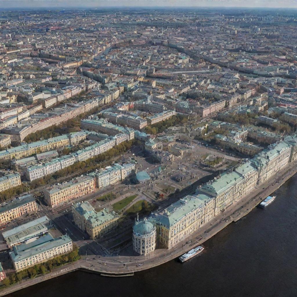 Aerial view of Saint Petersburg, showing its historic architecture and intricate canal system.