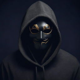 Create a unique and realistic image of a figure in a dark hood, removing a full masquerade mask halfway through their face