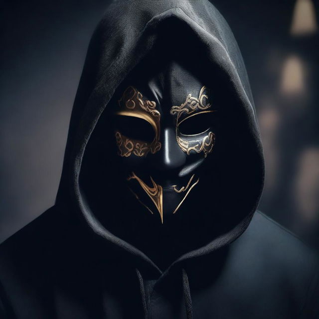 Create a unique and realistic image of a figure in a dark hood, removing a full masquerade mask halfway through their face