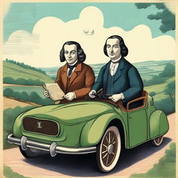 A whimsical illustration of Evangelista Torricelli and Blaise Pascal sitting together in a vintage car