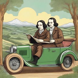 A whimsical illustration of Evangelista Torricelli and Blaise Pascal sitting together in a vintage car