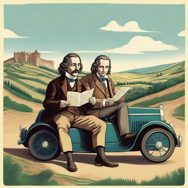 A whimsical illustration of Evangelista Torricelli and Blaise Pascal sitting together in a vintage car