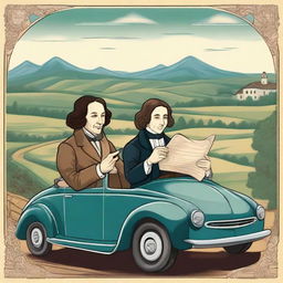 A whimsical illustration of Evangelista Torricelli and Blaise Pascal sitting together in a vintage car