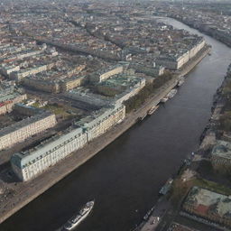 Aerial view of Saint Petersburg, showing its historic architecture and intricate canal system.