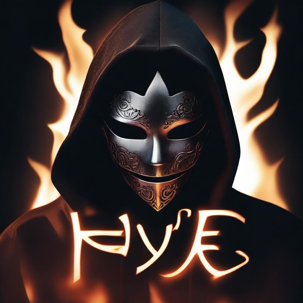 Create a unique and realistic dark image of a figure in a dark hood, removing a full silver masquerade mask halfway through their face