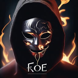 Create a unique and realistic dark image of a figure in a dark hood, removing a full silver masquerade mask halfway through their face