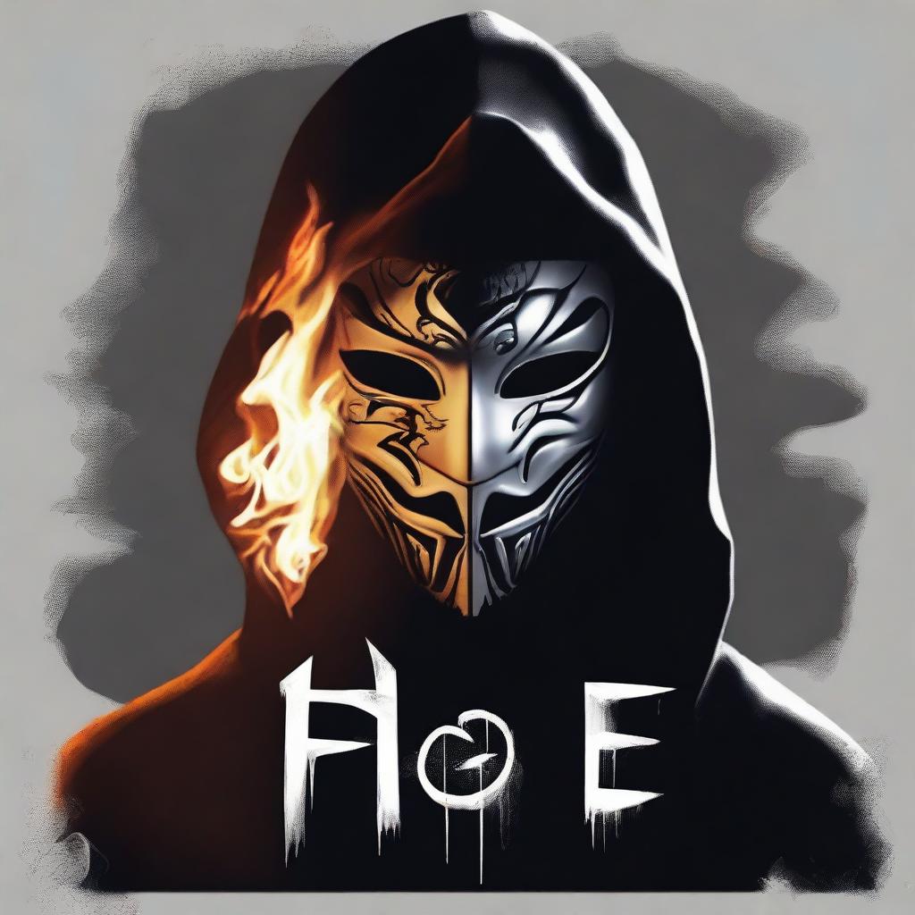 Create a unique and realistic dark image of a figure in a dark hood, removing a uniquely designed full silver masquerade mask halfway through their face with their hand