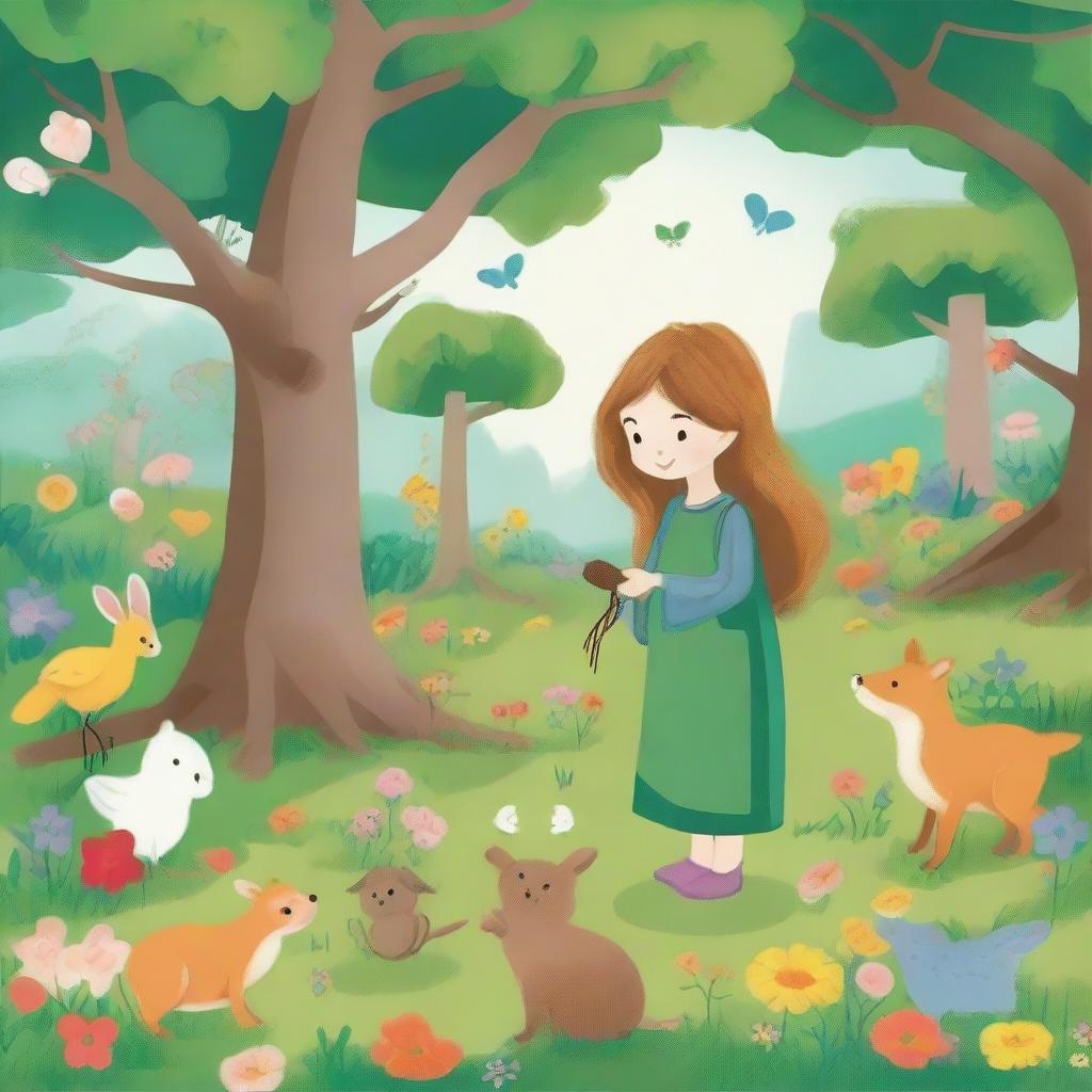 Create an image in the style of children's drawings depicting the spring season in the mystical 'Four Seasons Forest